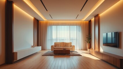 An empty living room featuring wooden flooring and white walls, illuminated by recessed lighting fixtures.