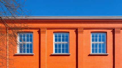 Obraz premium Three Windows on an Orange Brick Wall under a Blue Sky