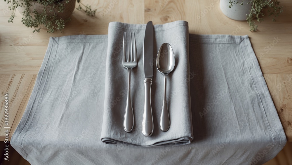 Poster Empty table setting with cutlery on tablecloth atop wooden surface for dinner. Square flat mockup for design. Top-down view.