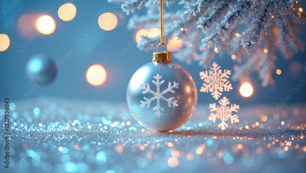 Poster christmas tree bauble and hanging snowflake on a shimmering background with bokeh light. festive win