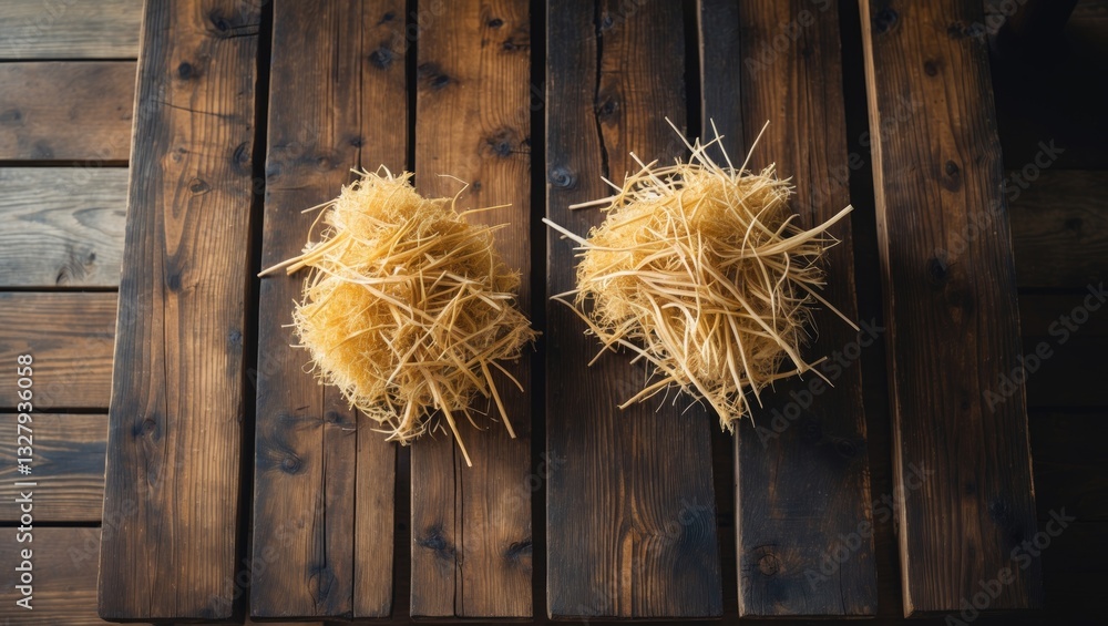 Poster Dried straw arranged on a wooden table, viewed from above. Space available for text.