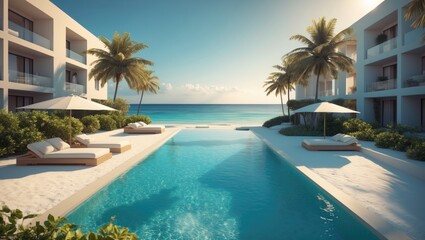 Empty swimming pool featuring sunbed and white umbrella for vacation leisure, surrounded by white sand, sea, and beach during summer.