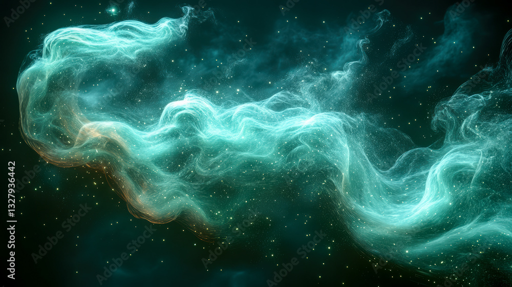 Aufkleber flowing green texture against a dark background with ethereal movement and subtle cosmic elements