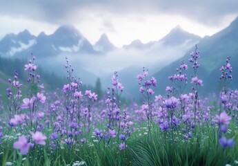 Fototapeta premium Serene Landscape of Purple Wildflowers in Foggy Mountain Valley During Dawn, Ethereal Atmosphere, Tranquil Nature Scene with Soft Light