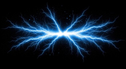 Vibrant blue lightning radiates outward, illuminating a dark background with electrifying energy, showcasing the raw power of nature, ideal for tech and science themes.