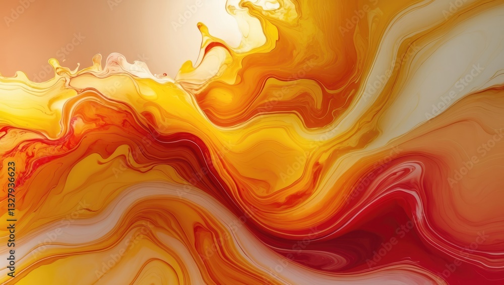 Poster an abstract image displaying fluid, marble-like textures in warm, vibrant hues ranging from yellow t