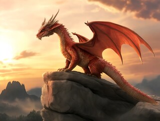 red dragon perched atop a rock, sunset backdrop, dramatic lighting