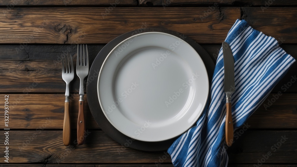 Poster Empty plate and silverware set on a wooden table background. Overhead view with space for text.