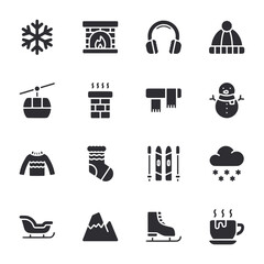 A set of winter-themed icons, including a snowman, a ski lift, a ski pole