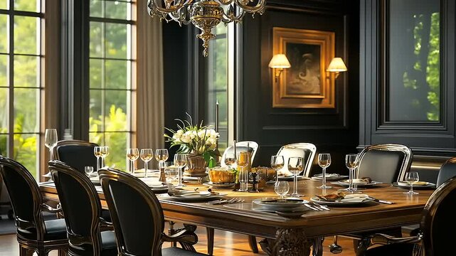 Luxurious dining room with a long table, chandelier, and a view of the outdoors.