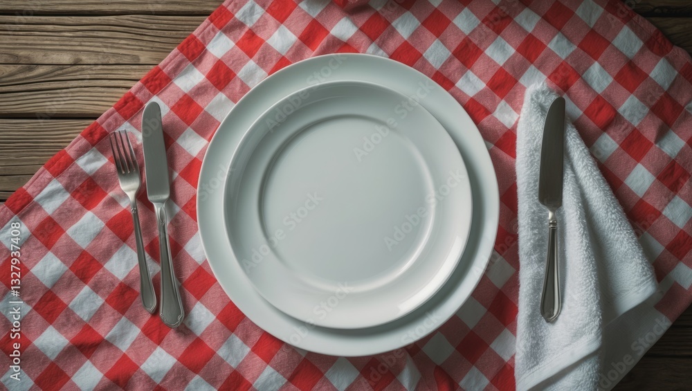 Poster Empty plate, silverware, and towel placed on a wooden table background. Aerial view with space for text.