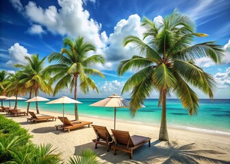 Fototapeta premium Luxurious Beach Bar Relaxation: Empty Sandy Shore, Palm Trees, Sunbeds, Umbrellas, Calm Ocean
