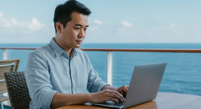  Man working on a laptop while enjoying ocean views from a cruise ship