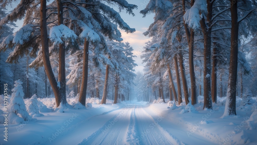 Aufkleber snow-laden trees lining a peaceful path create a beautiful view in a winter wonderland, lit by gentl