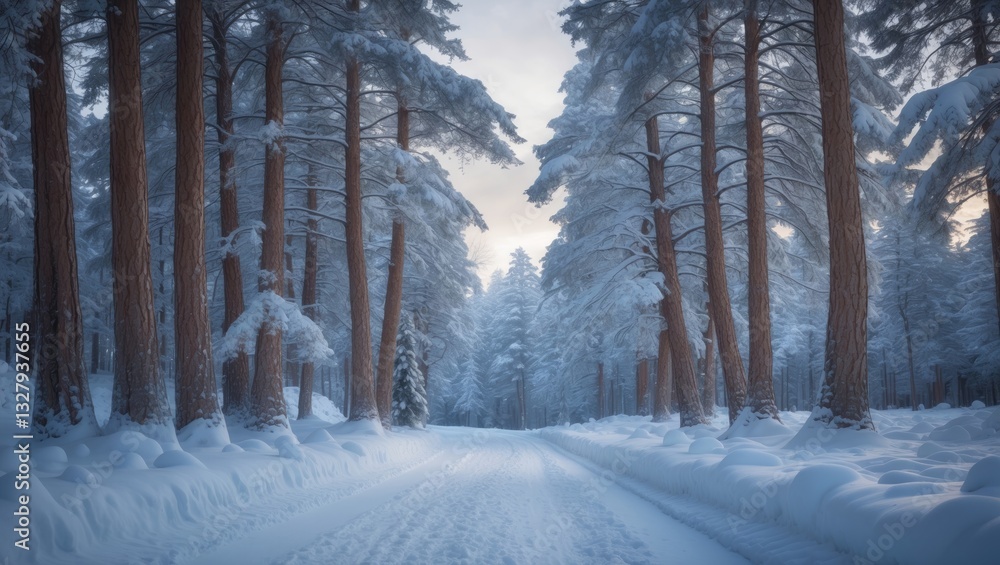 Aufkleber snow-laden trees lining a peaceful path create a charming scene in a winter wonderland, lit by the s