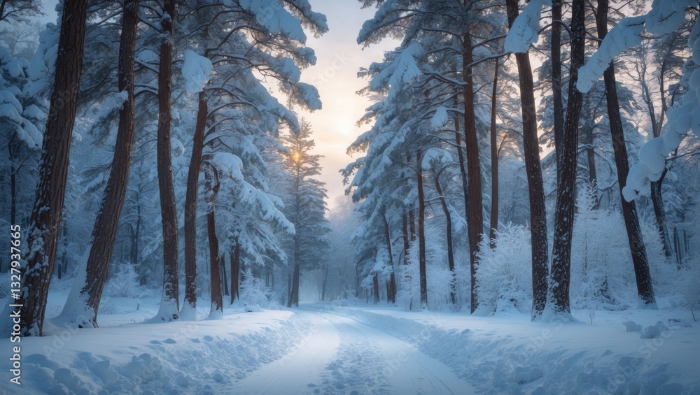 Aufkleber snow-covered trees lining a peaceful path form a picturesque view in a winter wonderland, lit by sof