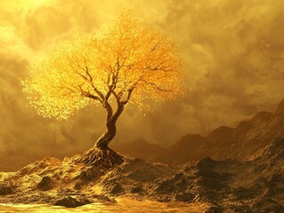 tree, yellow leaves, landscape, golden, minimalist