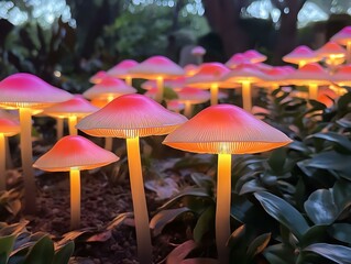 Fototapeta premium glowing mushrooms close up pink and white caps warm light magical fantasy scene