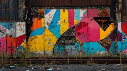 Fototapeta premium Colorful Geometric Graffiti on a Rusty Metal Wall