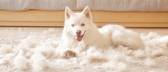Fluffy White Dog Amidst Shedding Fur on Carpet