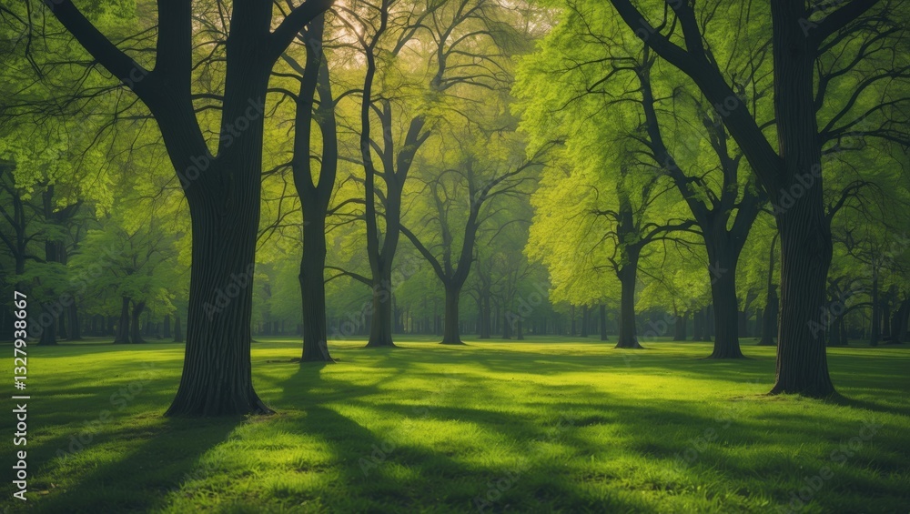 Poster deciduous trees in the park on a bright day, trees thriving in the park during spring.