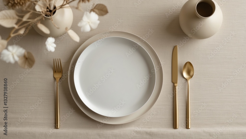 Poster Modern minimal table setting with an empty plate in neutral beige color, viewed from above. Space available for text or a menu.