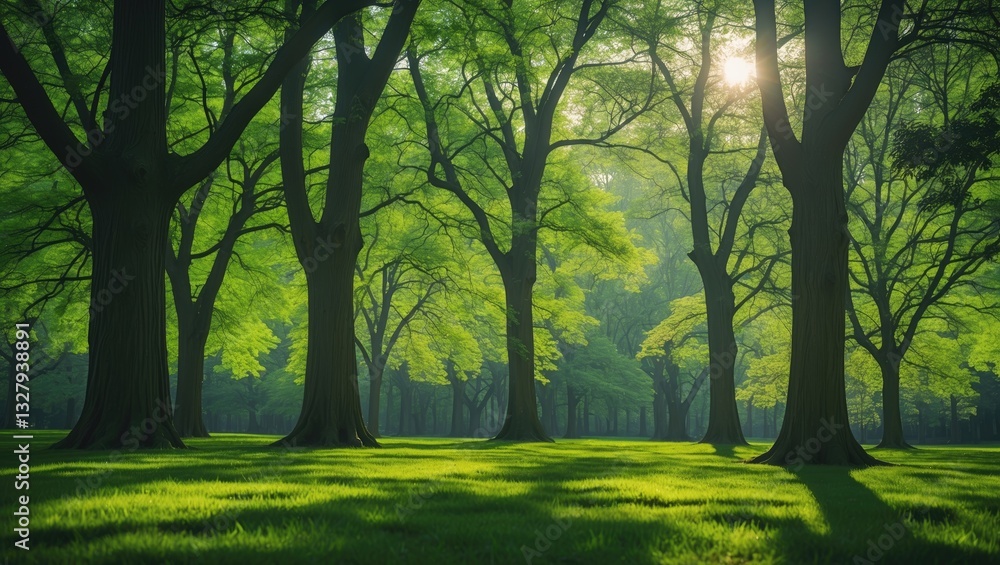 Poster deciduous trees in the park on a bright day, trees flourishing in the park during springtime.