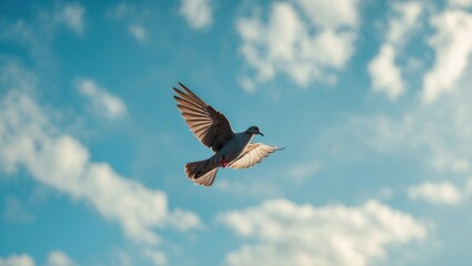Fototapeta premium A Mourning Dove soaring high above in the blue sky on a sunny yet cloudy day.