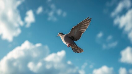A Mourning Dove soaring high in the blue sky on a sunny yet cloudy day.