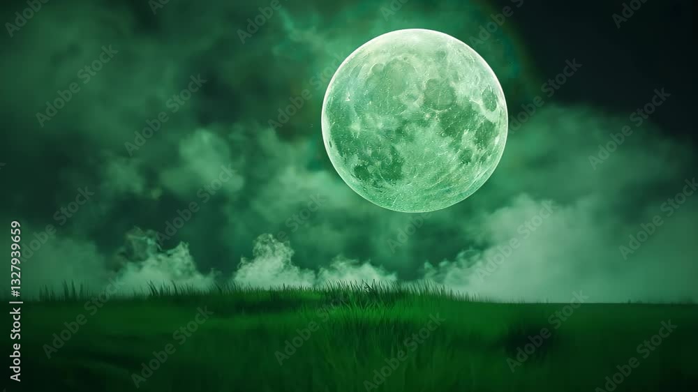 Poster mysterious green planet in dark space with eerie atmosphere, surreal celestial scene for abstract co