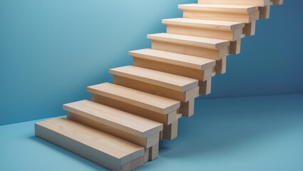 Obraz premium Wooden pegs creating a stairway. Wooden stairs symbolize promotion. Steps to heaven. Stairs reaching the blue sky. Wooden stairs. Startup. Elevation and promotion.