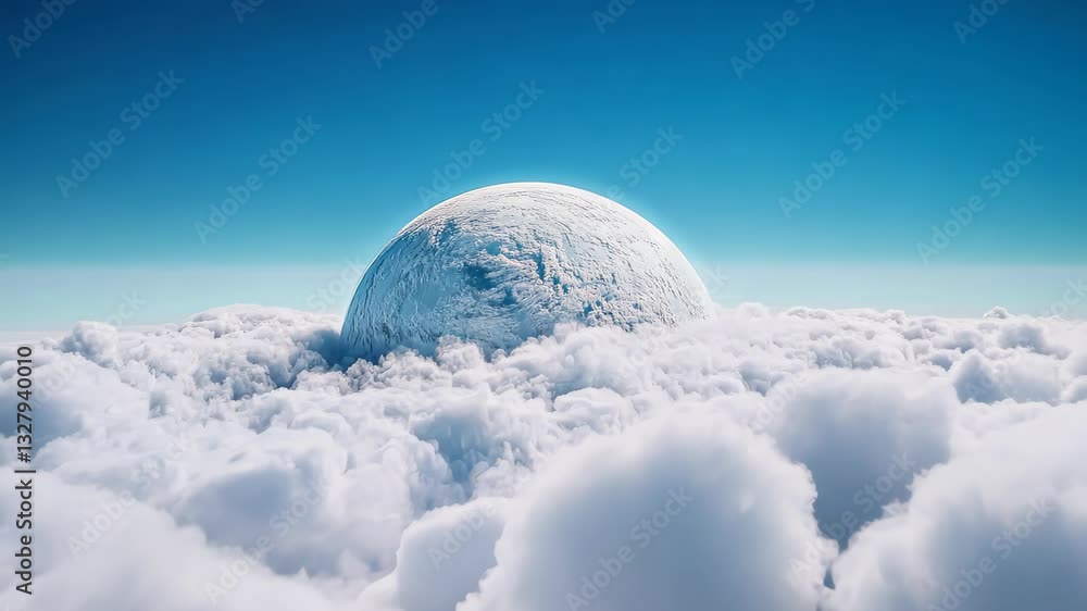 Aufkleber white spherical object emerging from fluffy clouds under a bright blue sky minimalist surreal scene 