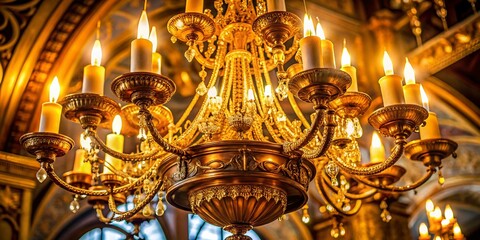 Obraz premium Luxurious Gold Chandelier with Intricate Ornate Design & Candle Lights, Hanging from Ornate Ceiling