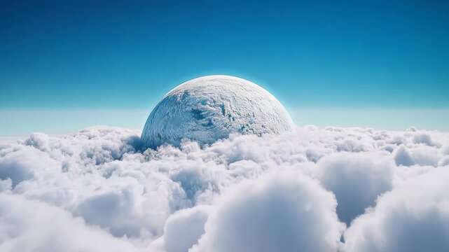 White spherical object emerging from fluffy clouds under a bright blue sky Minimalist surreal scene with cloudscape and geometric design concept Abstract art for wallpaper poster and header