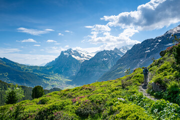 Switzerland travel - Senior man enjoying the views while hiking the Männlichen in the Swiss alps...
