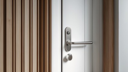 A white door featuring a silver handle and a latch lock adjacent to wooden paneling. Design elements in an apartment with modern interior aesthetics.