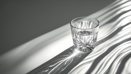 A glass containing water and sharp shadows, with a caustic effect as light passes through against a bright background.