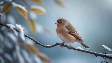 Fototapeta premium A female chaffinch sits on a branch, contemplating where to go.