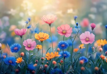 Serene Meadow Filled with Colorful Flowers in Soft Focus, Creating a Dreamy Atmosphere in a Natural Setting During Golden Hour Light