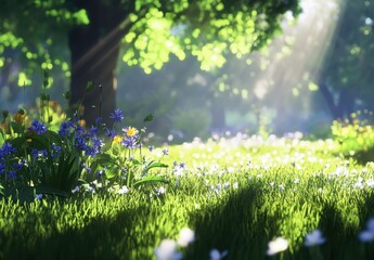Obraz premium Serene Meadow Scene with Vibrant Flowers and Sunlight Streaming Through Green Foliage in a Peaceful Forest Setting
