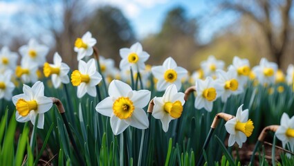 Fototapeta premium A spring field filled with blooming white daffodils, nature.