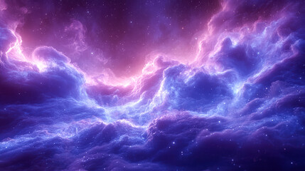 Fototapeta premium Swirling billowing clouds create a vivid cosmic texture in deep purples and blues across the night sky