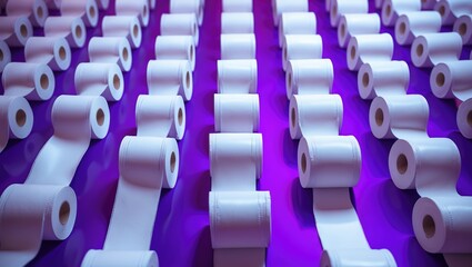 Obraz premium A repeated design of white toilet paper rolls with trailing ends against a vibrant backdrop, ideal for hygiene-related visuals.