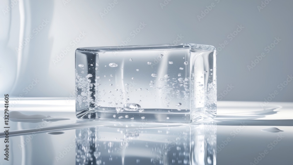 Aufkleber a rectangular piece of clean ice, melting and isolated on a white background with reflection. purity
