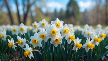 Fototapeta premium A field of white blooming daffodils during spring, nature