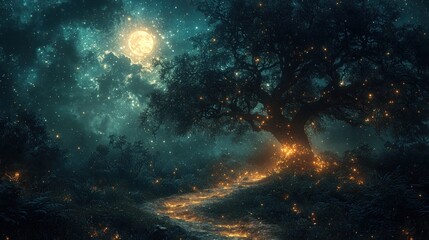 Magical forest path at night, glowing fireflies, large tree, full moon.
