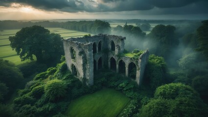 Aerial perspective of a castle featuring a ruined donjon and garden.