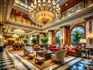 Obraz premium Luxurious Hotel Lobby: Marble Floors, Elegant Seating, Grand Chandelier - Stock Photo
