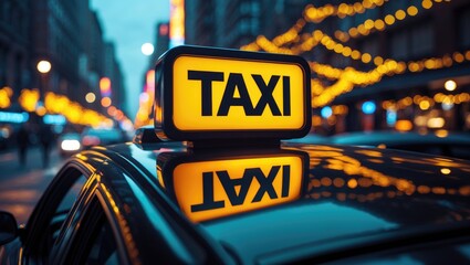 A yellow TAXI sign lit by daylight, placed on the back of a vehicle, prepared to offer transport services.