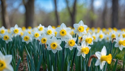 Obraz premium A landscape featuring white blooming daffodils in spring, nature